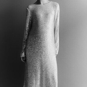 H&M MAMA Maternity Sequined tie-belt dress in light beige/silver Size S